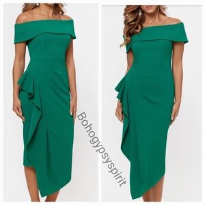 $239 Midi Green Off the Shoulder Scuba Crepe Side Ruched Dress